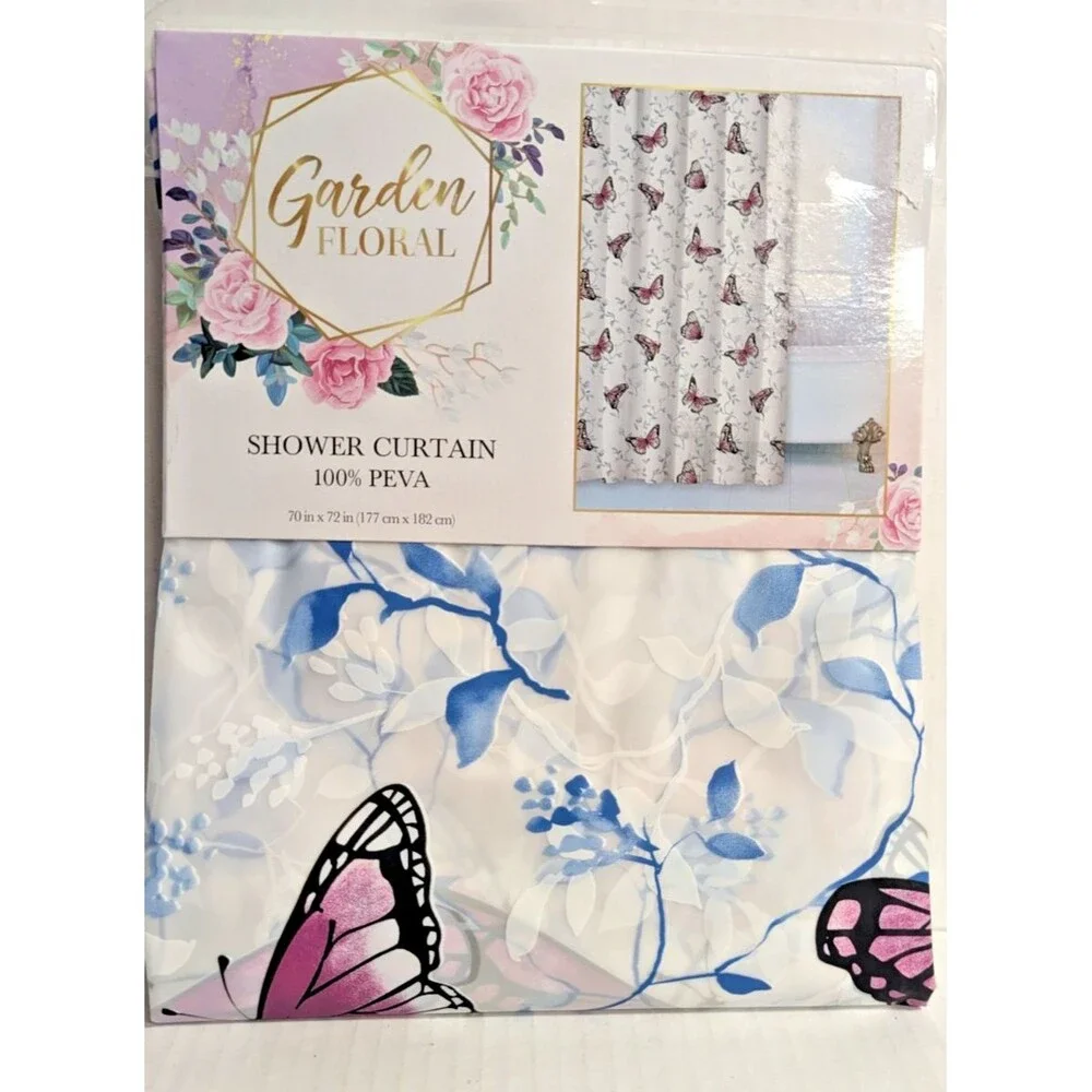 Garden Floral Butterfly Shower Curtain PEVA Opaque Blue Purple White Bath NEW